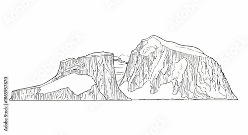 Striking, stark, monochrome drawing of a vast, rugged mountain range