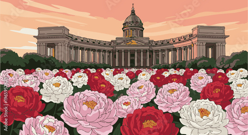 Pixelated view of a grand colonnaded building behind a field of blooming peonies at dusk