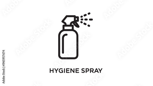 A simple black line art illustration of a hygiene spray bottle with spray particles, ideal for health and wellness concepts, marketing materials, or educational resources.