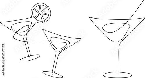 Three stylized martini glasses with a citrus garnish and a stirrer Vector