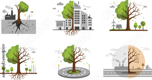 Environmental Impact and Urban Tree Ecology Vector Illustration Set Showing Pollution Effects, Healthy Nature Growth, Climate Change Contrast, and Sustainable City Landscape Concepts