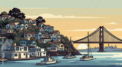 Pixel art of a coastal town with a bridge and boats at sunset