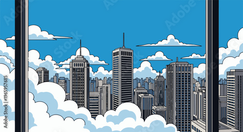 Tall skyscrapers pierce a bright blue sky filled with fluffy white clouds