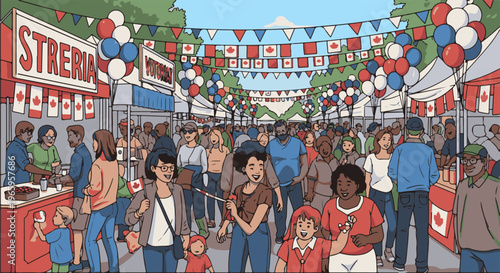 Lively outdoor festival with crowds, stalls, and Canadian flags