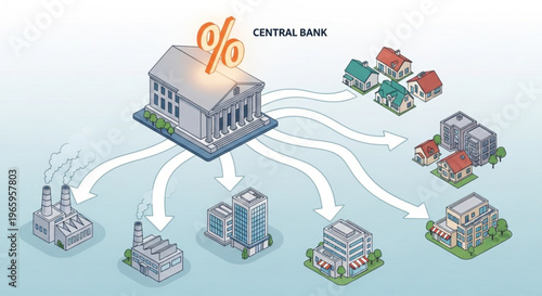 Central bank building with arrows pointing to various businesses and homes illustrating financial flow and economic influence
