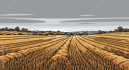 Pixelated autumn field with stubble and rolling hills under grey sky