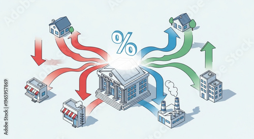 Business growth concept with arrows and buildings representing investment and development