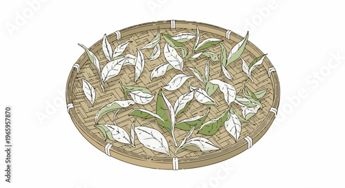 Scattered tea leaves drying on a woven bamboo tray