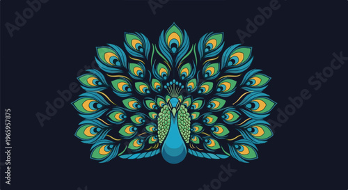 Vibrant peacock with elaborate fanned tail feathers against a dark background