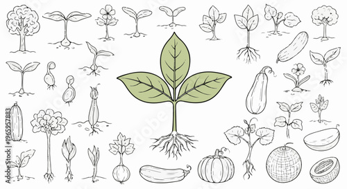 Hand-drawn illustrations depict the growth stages of various plants and produce