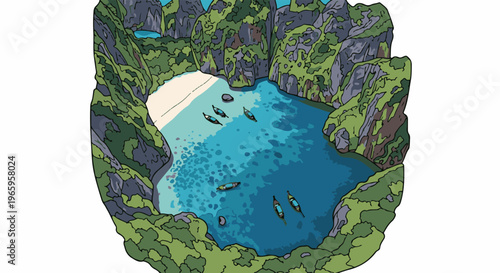 Tropical lagoon with limestone cliffs and small boats on clear blue water