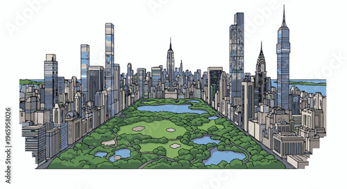 Stylized city skyline surrounds lush parkland with serene blue water features