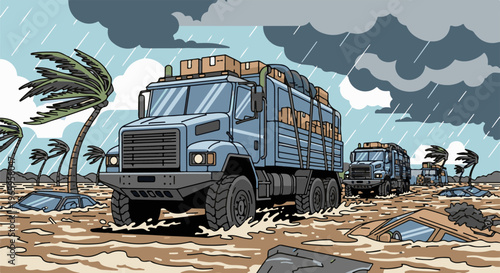 Trucks drive through a flooded landscape during a storm with palm trees