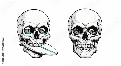 Two skulls with wave eyes, one holding a surfboard in its teeth