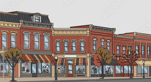 Row of brick buildings with shops and awnings line a street