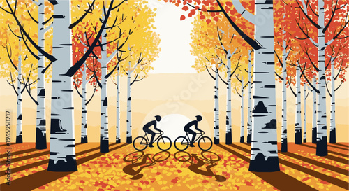 Two cyclists ride through a sun-dappled birch forest in autumn