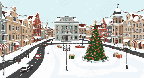 Snowy town square decorated for Christmas with cars and people