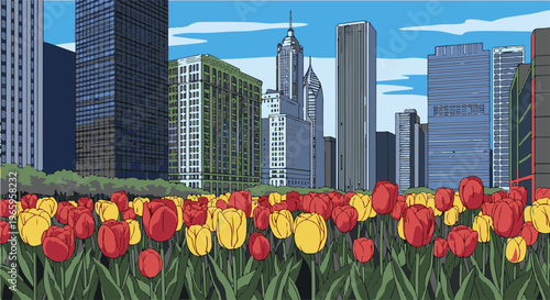 Urban floral display with city skyscrapers and abundant tulips