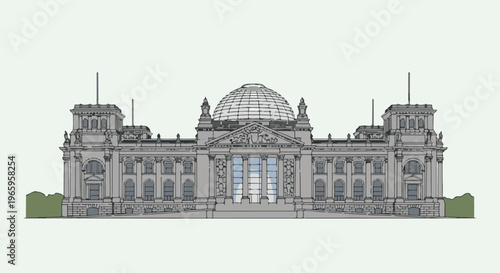 Stylized depiction of a grand classical building with a prominent glass dome