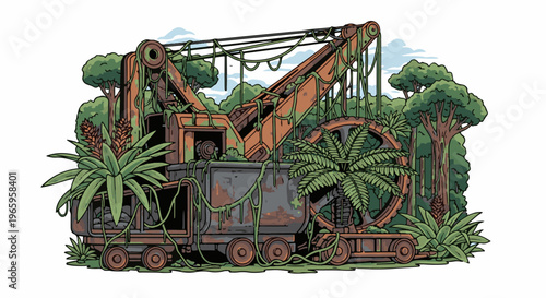 An abandoned, rusty crane in a lush, overgrown jungle