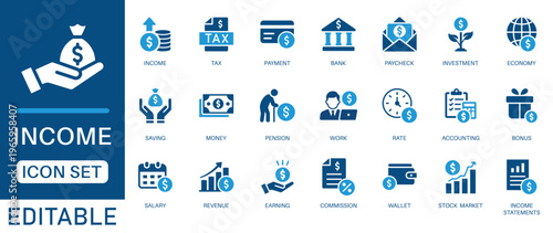 Income and finance icon set. featuring tax, investment, pension, accounting, revenue, and stock market analytics in blue flat design style.