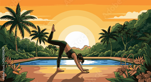 Woman practicing yoga at sunrise near a pool surrounded by tropical foliage
