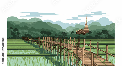 Wooden walkway over lush green rice paddies leads to distant temple