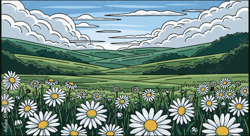 A vibrant meadow scene filled with daisies beneath rolling green hills and clouds