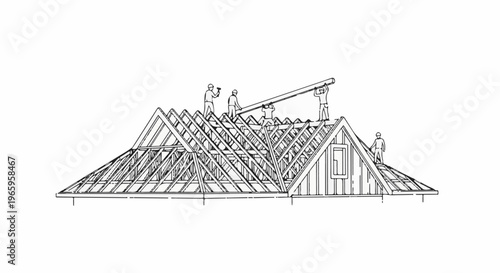 Workers constructing a wooden roof structure, carrying beams
