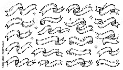 Hand drawn doodle flowing ribbon lines set, fun energetic sketchy ink pen elements with clean black outlines, expressive vector collection, isolated on white background