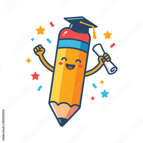 Yellow pencil wears graduation cap with joyful expression