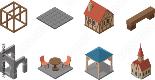 Isometric 3D architectural elements set including timber house, arches, furniture, gazebo and modular structures for game design and environment building