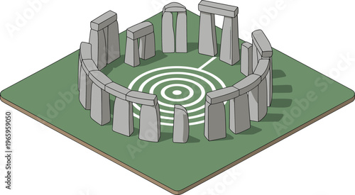 Isometric 3D illustration of Stonehenge monument, ancient megalithic circle, prehistoric landmark, cultural heritage site, England tourism concept, minimal design landscape