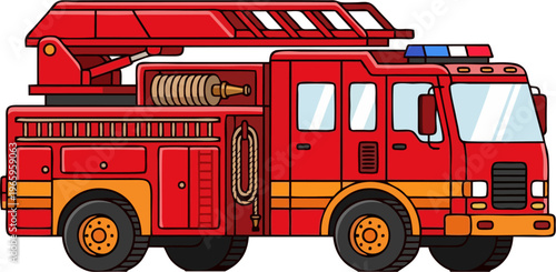 Red Fire Truck with Aerial Ladder Isolated on White Background Vector Illustration