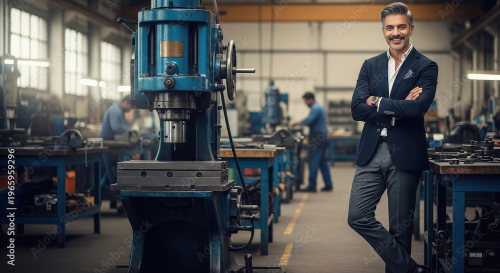 Fototapeta premium Confident Business Man in Suit Stands in Modern Industrial Workshop