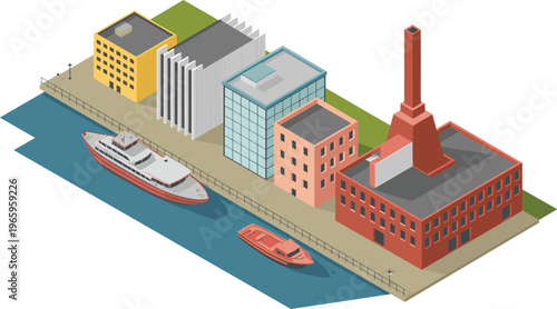 Isometric 3D waterfront city illustration, modern buildings, industrial port, river harbor, boats, urban development, business district, architecture design concept
