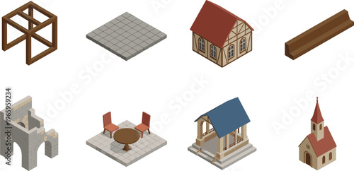 Isometric 3D modular architectural assets set with timber house, arches, furniture, gazebo and construction elements for game environment design