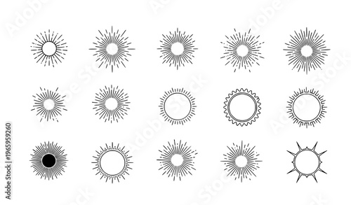 Minimal retro sunburst logo frames and starburst icons set with mixed style rays vector