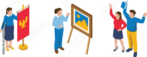Isometric business illustration set, public speaking, art presentation, team celebration, professional people characters, communication, corporate training, leadership, success concept design