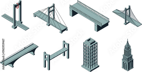 Isometric bridge and architecture construction set engineering structures collection infrastructure design elements modern minimalist 3D illustration isolated objects pack