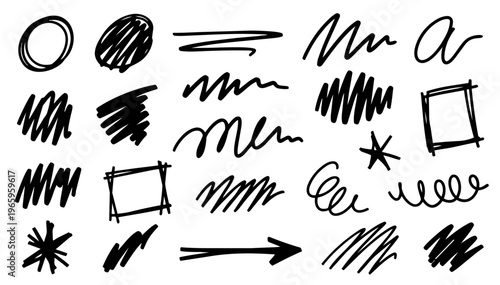 Hand drawn doodle scribble decorations set, fun sketchy ink pen elements with clean black outlines, expressive vector collection, isolated on white background