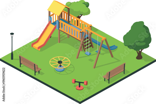 Isometric children playground with slide swing carousel benches trees colorful park equipment outdoor recreation area illustration design scene