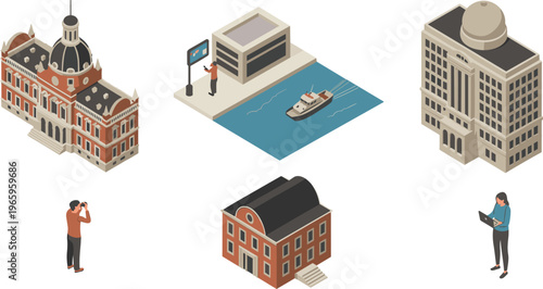 Isometric cityscape illustration featuring historic architecture, waterfront scene with boat, urban landmarks, people using technology, smart city lifestyle concept design