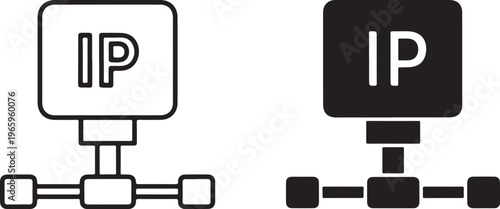 Two i p address network with outline and solid black square shapes representing internet protocol connectivity and data transmission