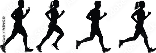 Silhouette runners in motion, male and female athletes jogging, fitness training, healthy lifestyle, exercise, sports activity, dynamic movement