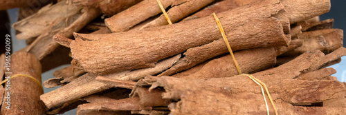 Panorama of Bundles of Cinnamon spice for sale in a market in Castries, Saint Lucia