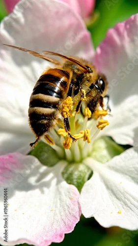 Macro Close Up Of Bee Collecting Pollen From A White And Pink Flower