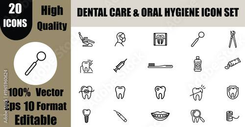 20 Dental Care and Oral Hygiene Line Icon Set Vector: Dentist and Stomatology Outline Symbols.
