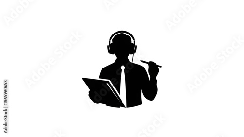 Silhouette of a businessman wearing a headset and holding a tablet