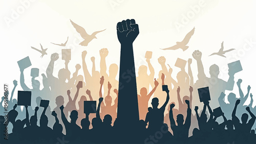 Protest, activism, revolution, crowd, raised fist, demonstration, social movement